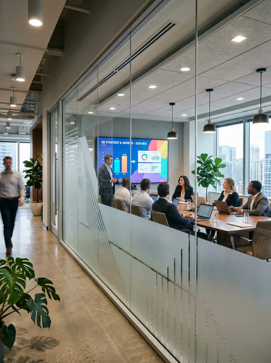 Casper cloaking film on conference room glass - LED screens invisible from outside