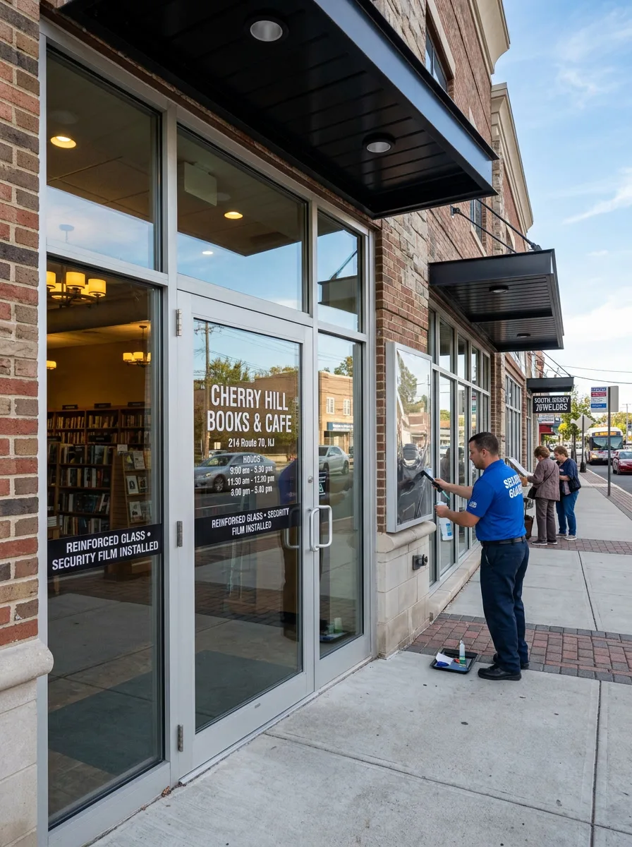 C-Bond security film reinforcing a commercial storefront glass entrance in South Jersey