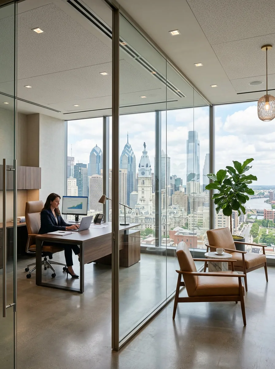 Executive office interior with Madico optically clear safety window film