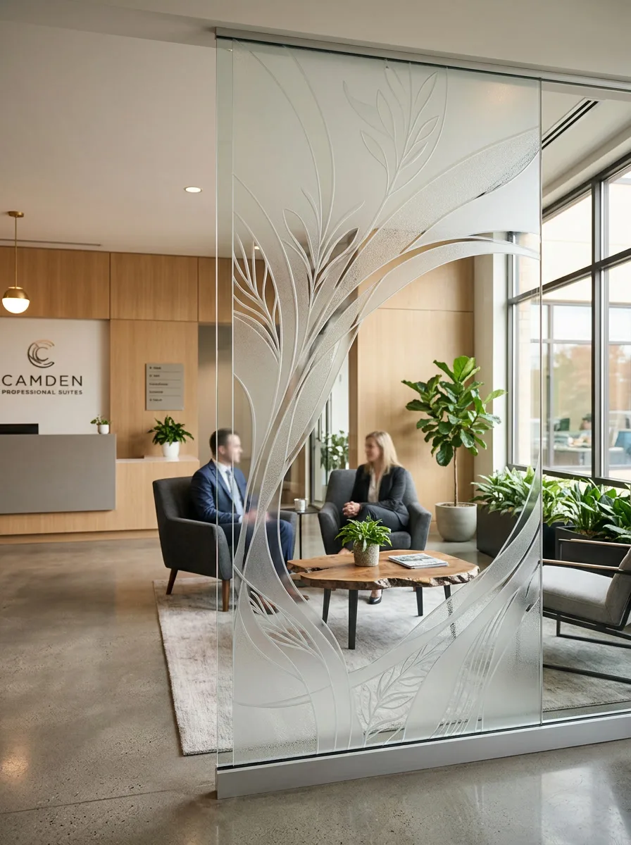 Elegant decorative frosted glass film in a Camden NJ professional office lobby