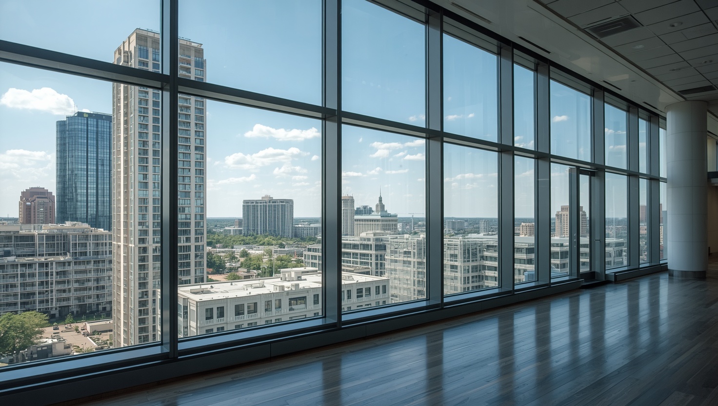 Professional window film installation in Camden NJ — floor-to-ceiling commercial glass with solar control film applied