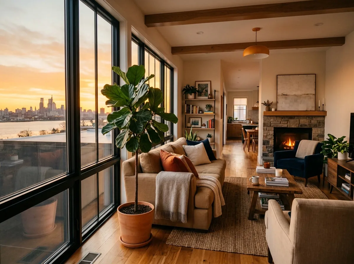 Warm South Jersey residential interior with large windows — window film keeps this Camden home comfortable year-round