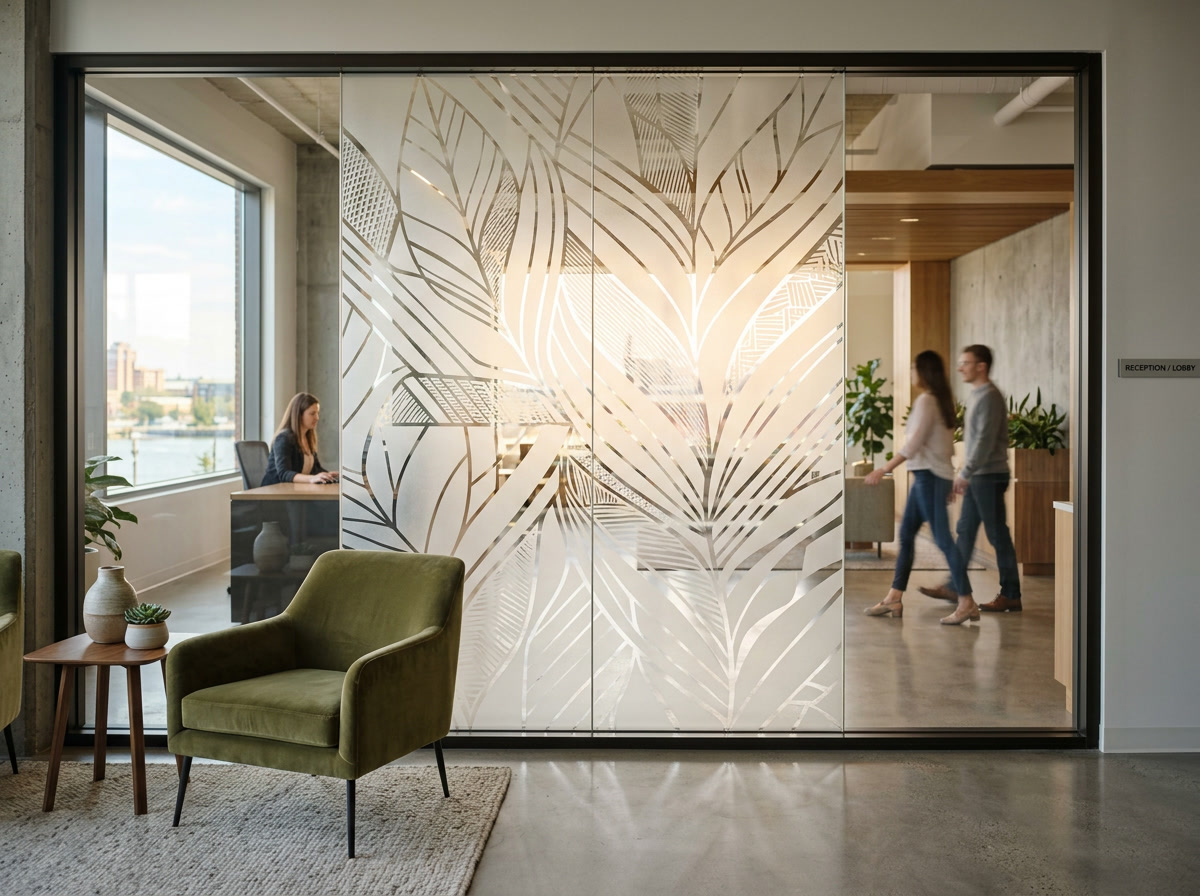 Decorative frosted glass pattern on a partition wall in a Camden NJ office or lobby