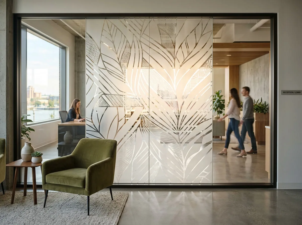 Decorative frosted glass pattern on a partition wall in a Camden NJ office or lobby