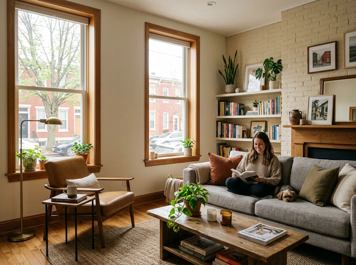 Energy-saving window film in a Camden NJ rowhouse living room — natural light filtered, cooler interior