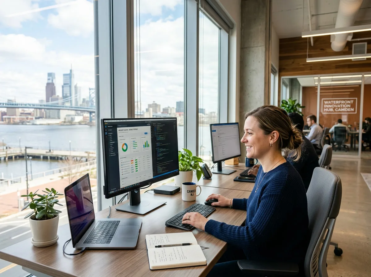 Camden NJ office worker at computer desk near window with no screen glare after window film installation