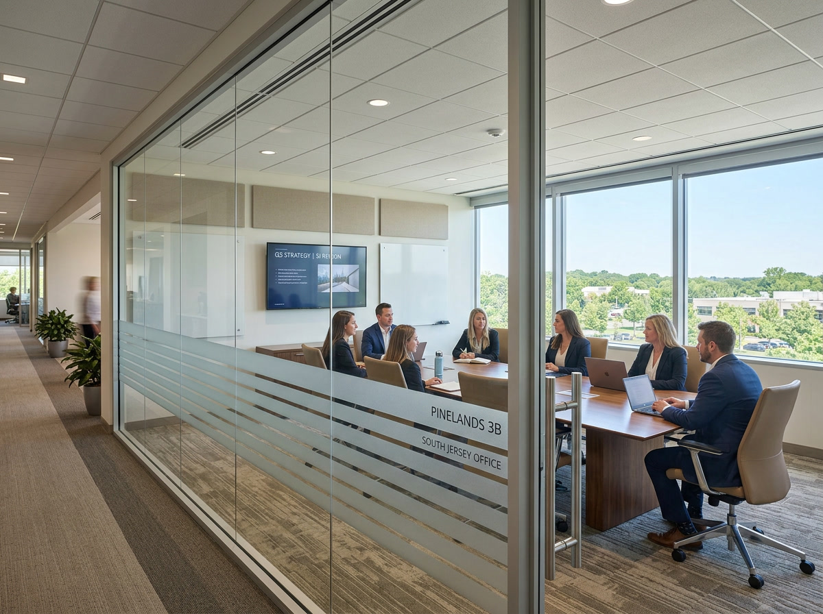 Frosted privacy window film on a conference room partition in a Camden NJ office