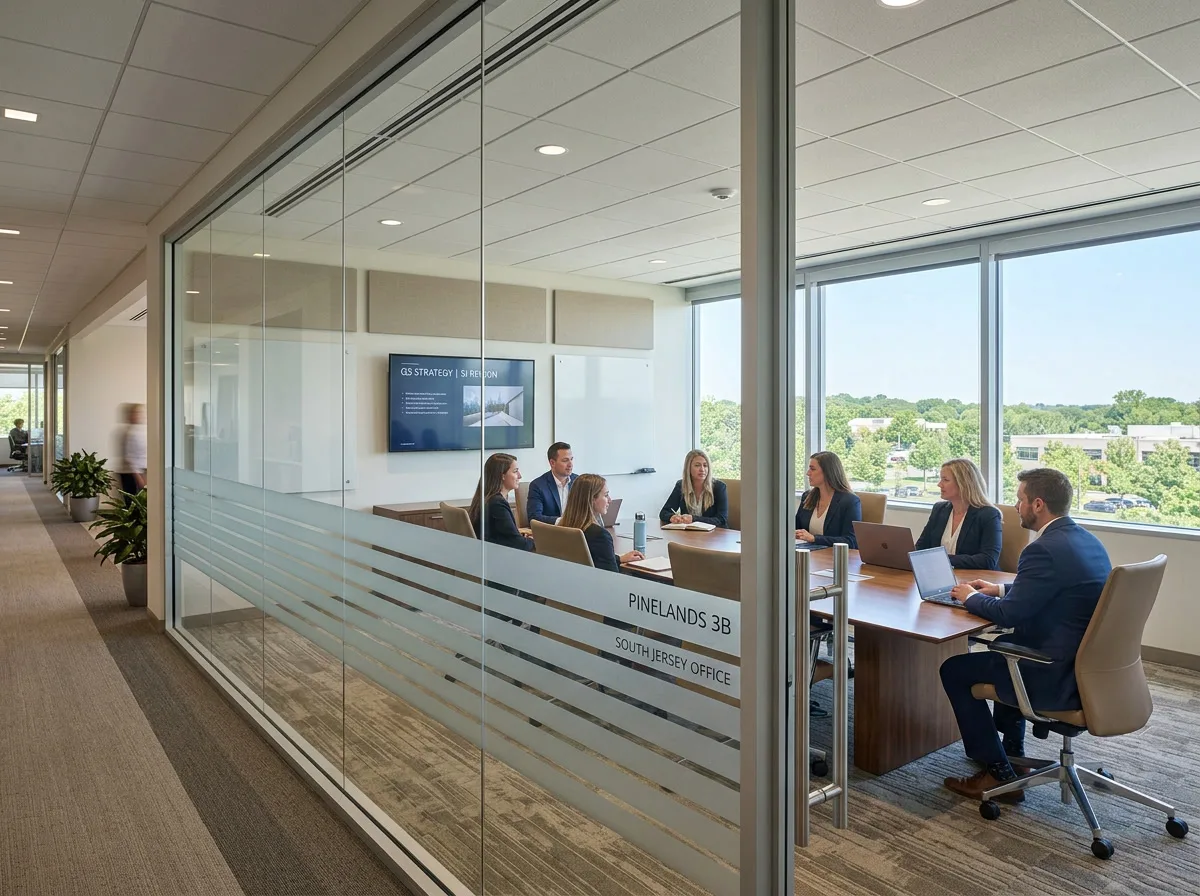 Frosted privacy window film on a conference room partition in a Camden NJ office