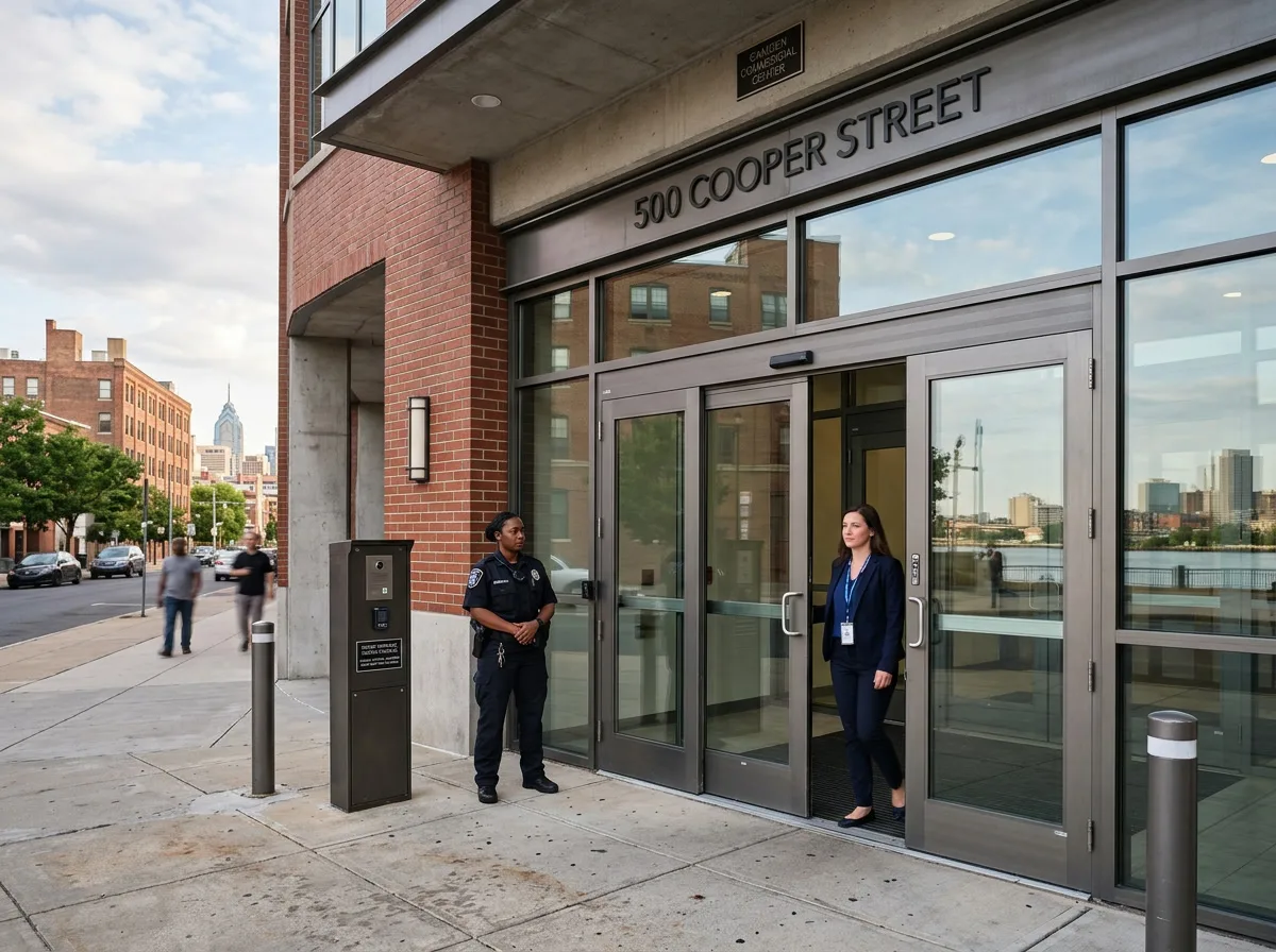 Secure commercial building entrance in Camden NJ with safety and security window film on glass doors