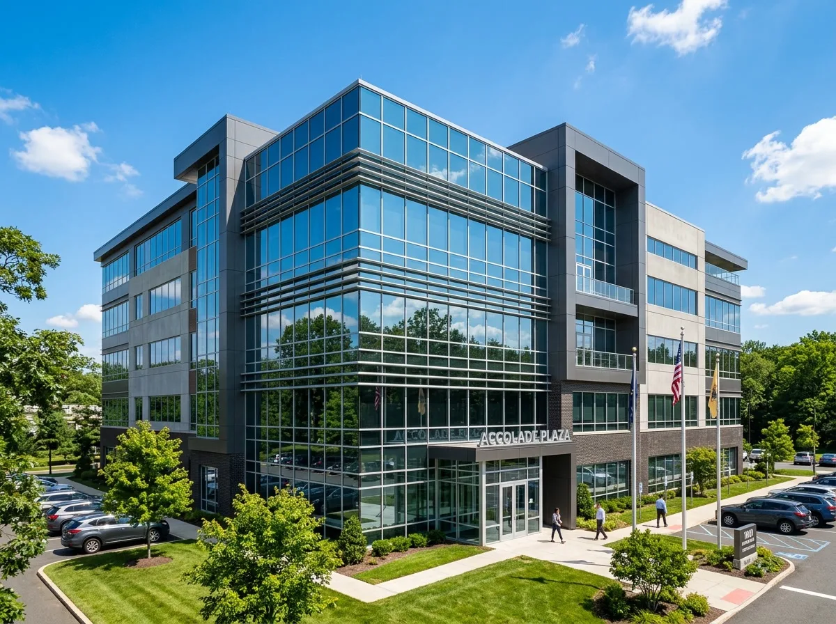 Solar control window film on a modern South Jersey commercial office building exterior