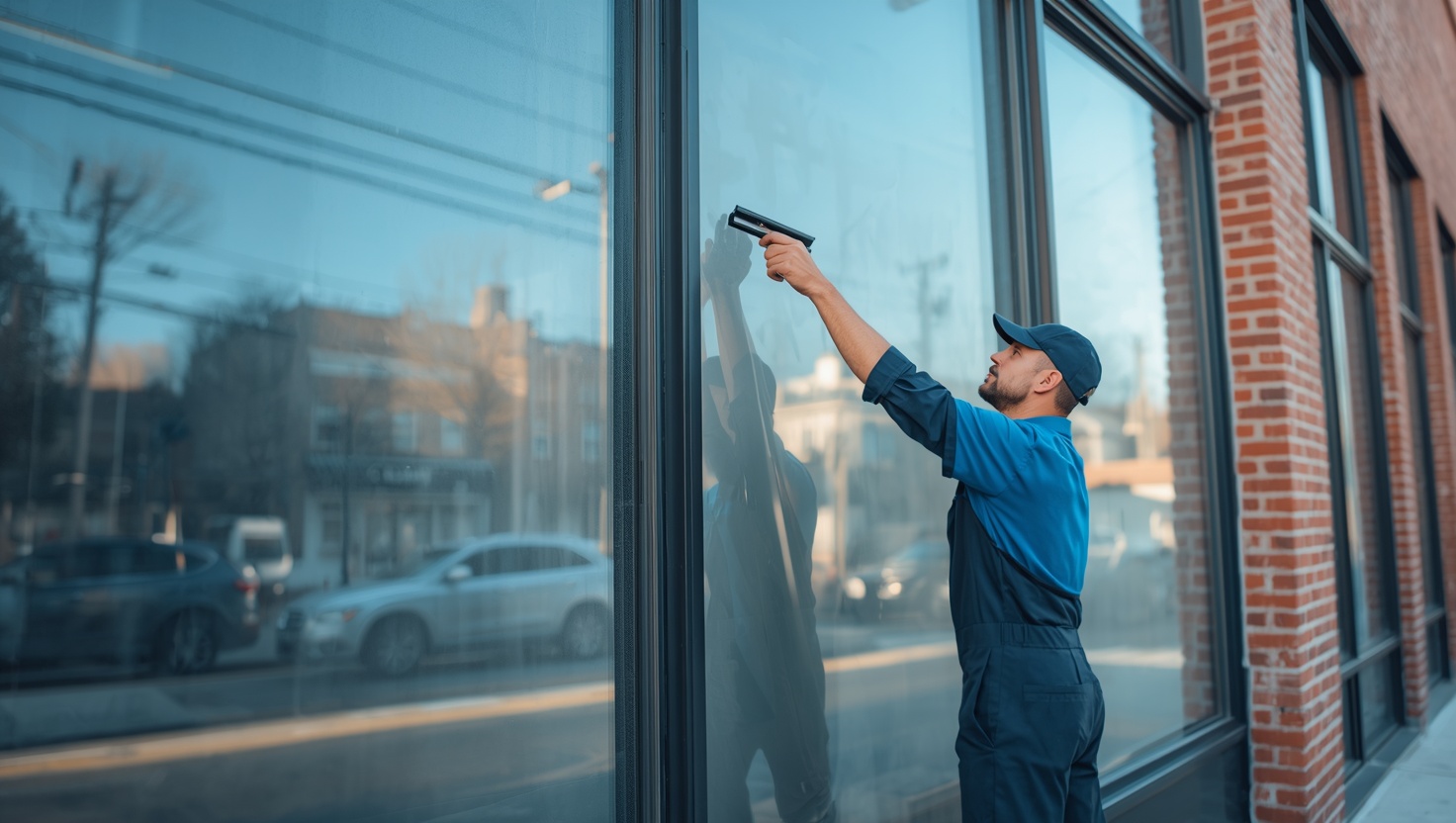 Professional window film installer applying anti-graffiti protective film to a Camden retail storefront