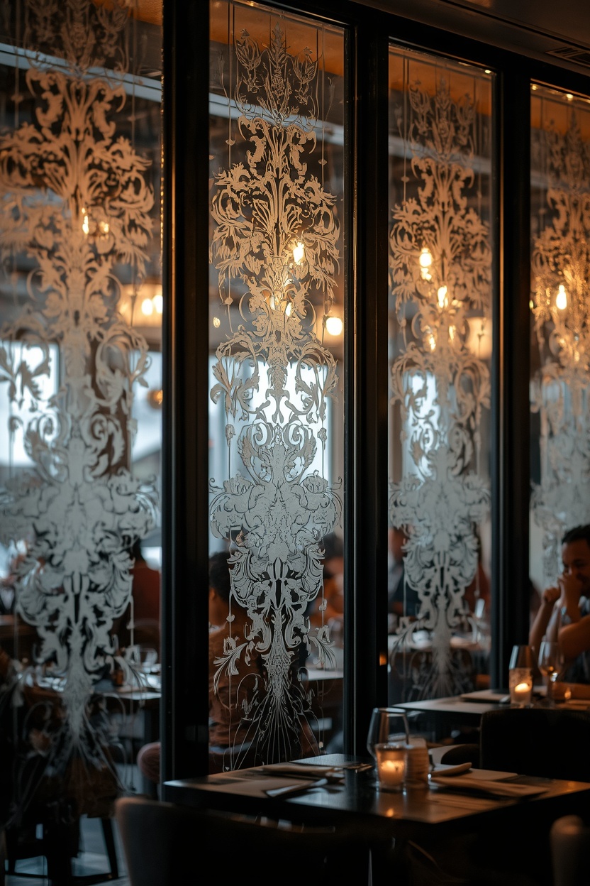 Decorative frosted window film on glass partitions in a Camden waterfront restaurant