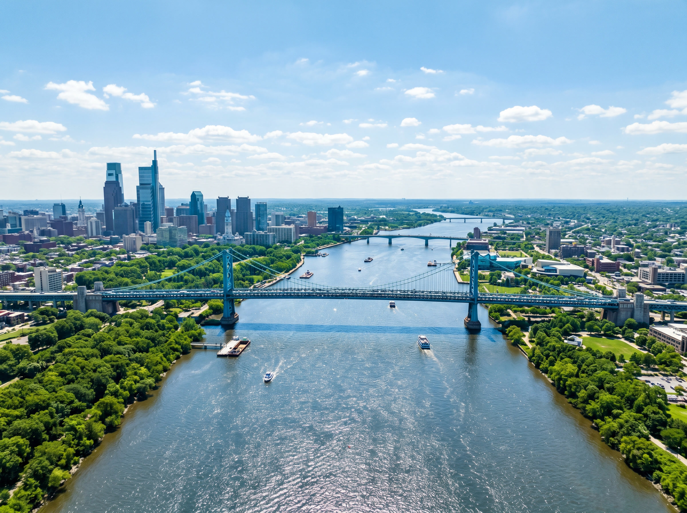 Delaware River and Ben Franklin Bridge connecting Camden NJ and Philadelphia - South Jersey's summer heat and humidity make window film essential