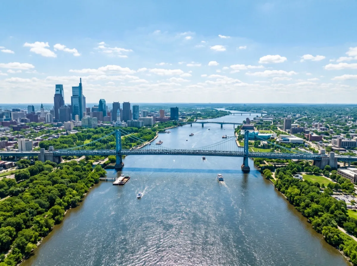 Delaware River and Ben Franklin Bridge connecting Camden NJ and Philadelphia - South Jersey's summer heat and humidity make window film essential