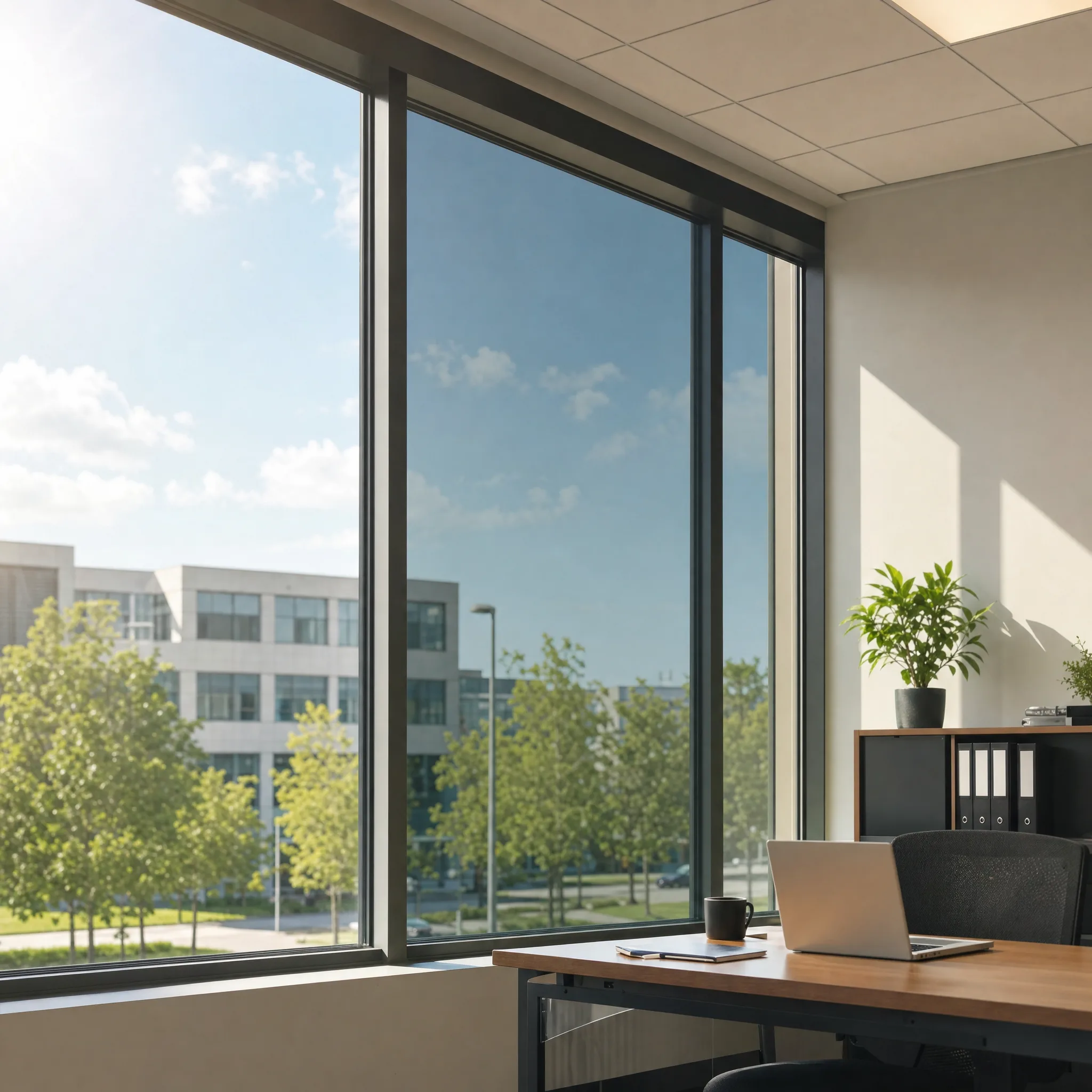 3M solar control window film installed in an Erie PA commercial office — heat and UV reduction