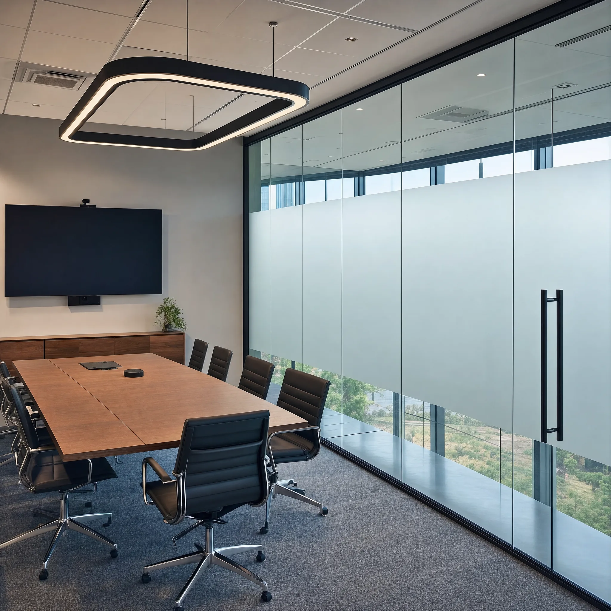 Casper cloaking film on conference room glass - LED screens invisible from outside