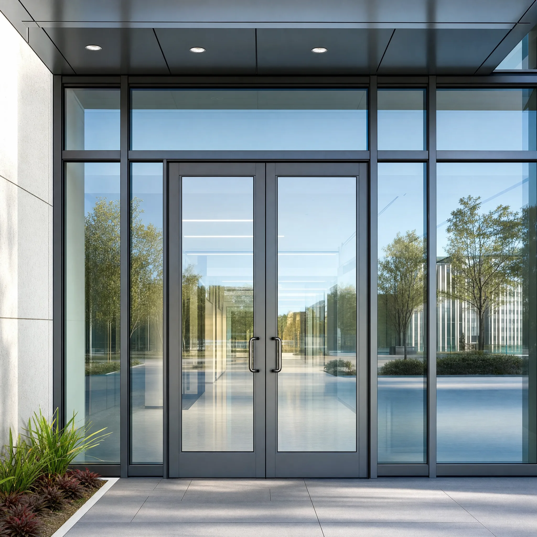 C-Bond security film reinforcing a commercial storefront glass entrance in Erie