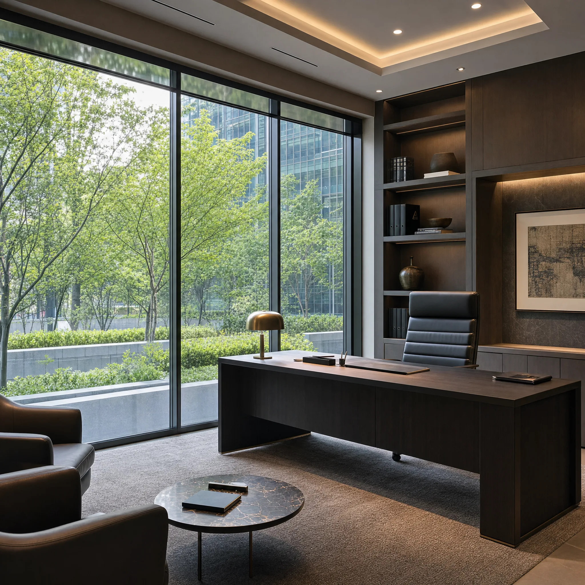 Executive office interior with Madico optically clear safety window film