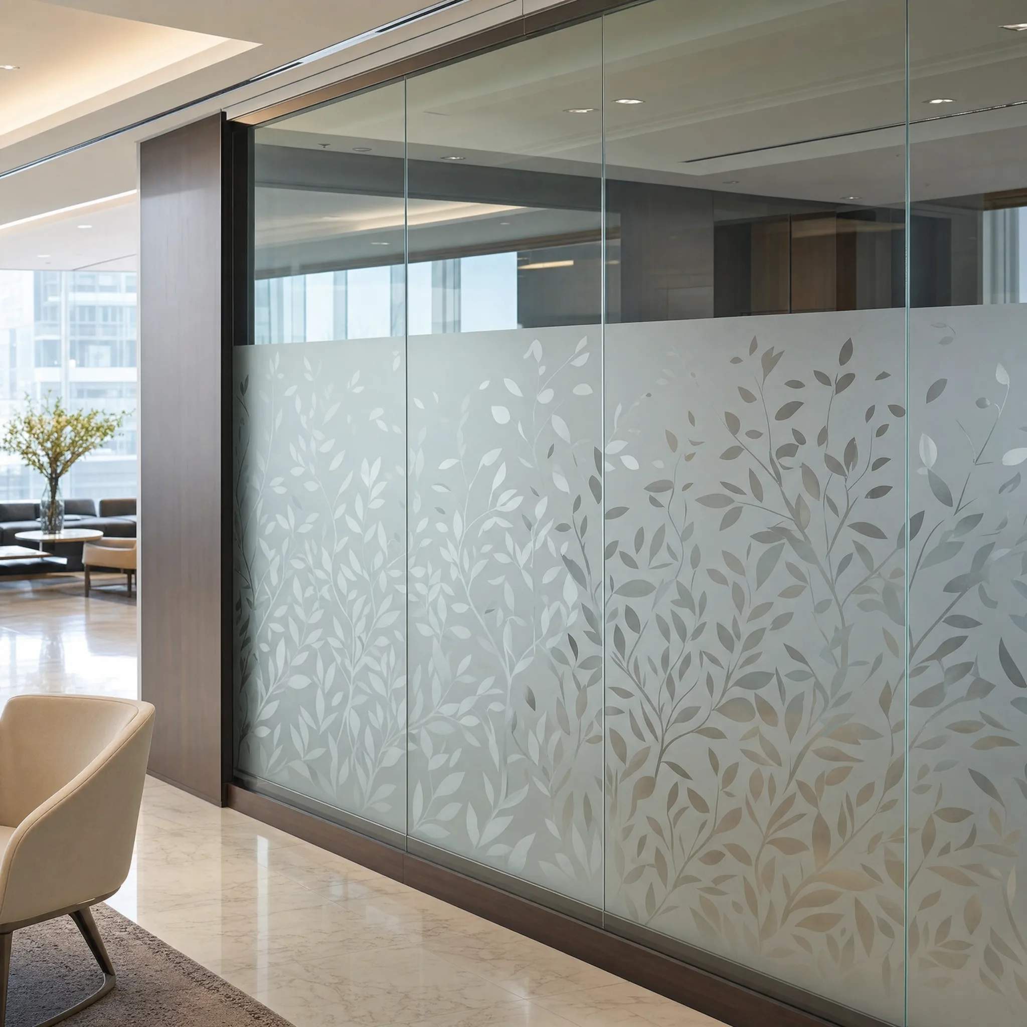 Elegant decorative frosted glass film in an Erie PA professional office lobby