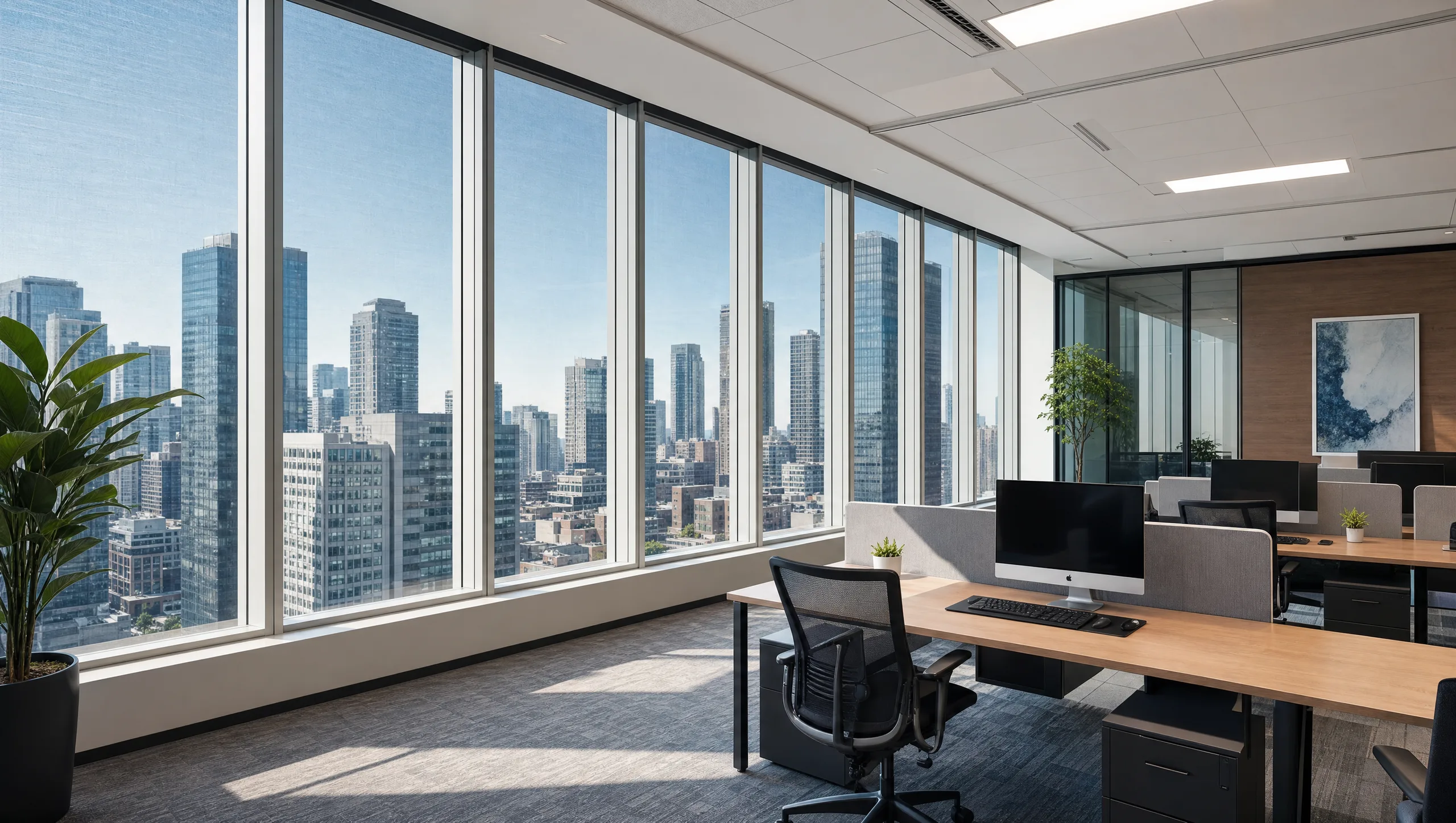 Modern commercial office in Erie PA with floor-to-ceiling windows overlooking the bay - window film for Erie commercial properties