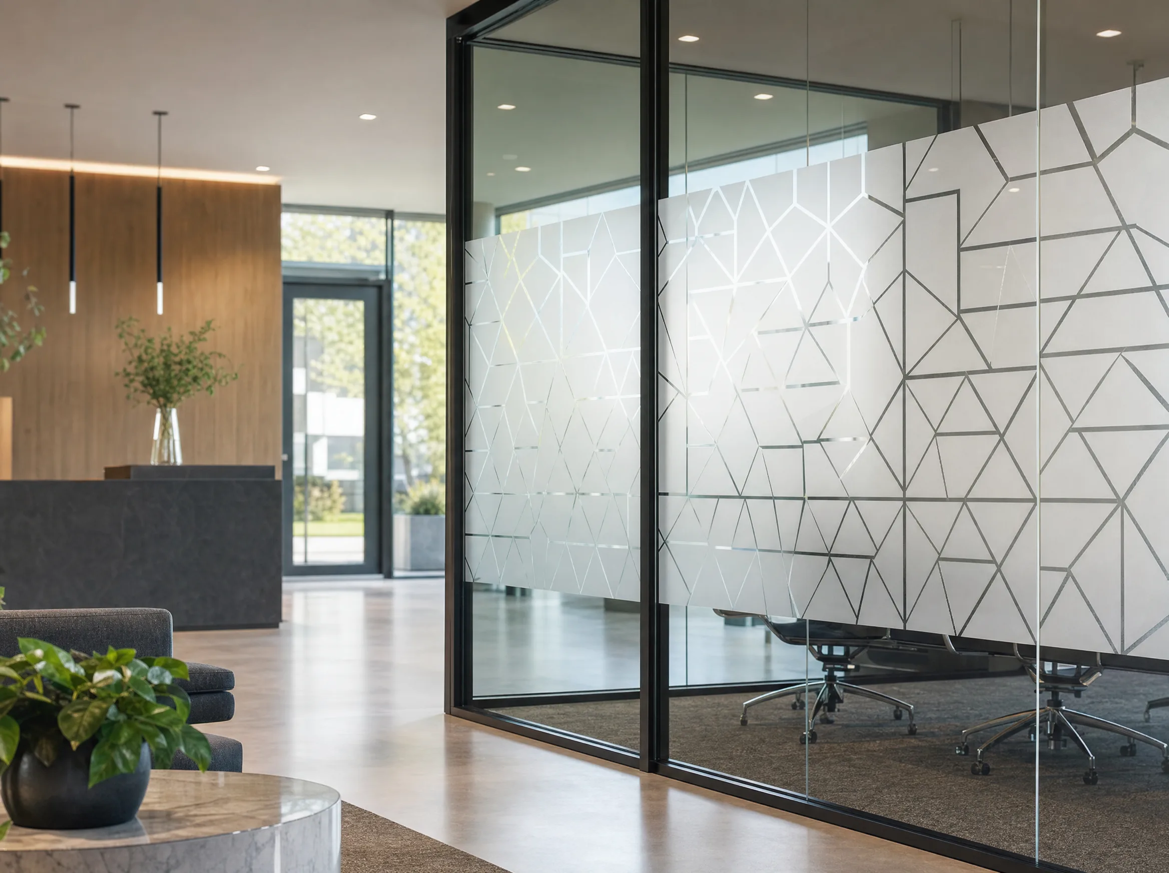 Decorative frosted glass pattern on a partition wall in an Erie PA office or lobby