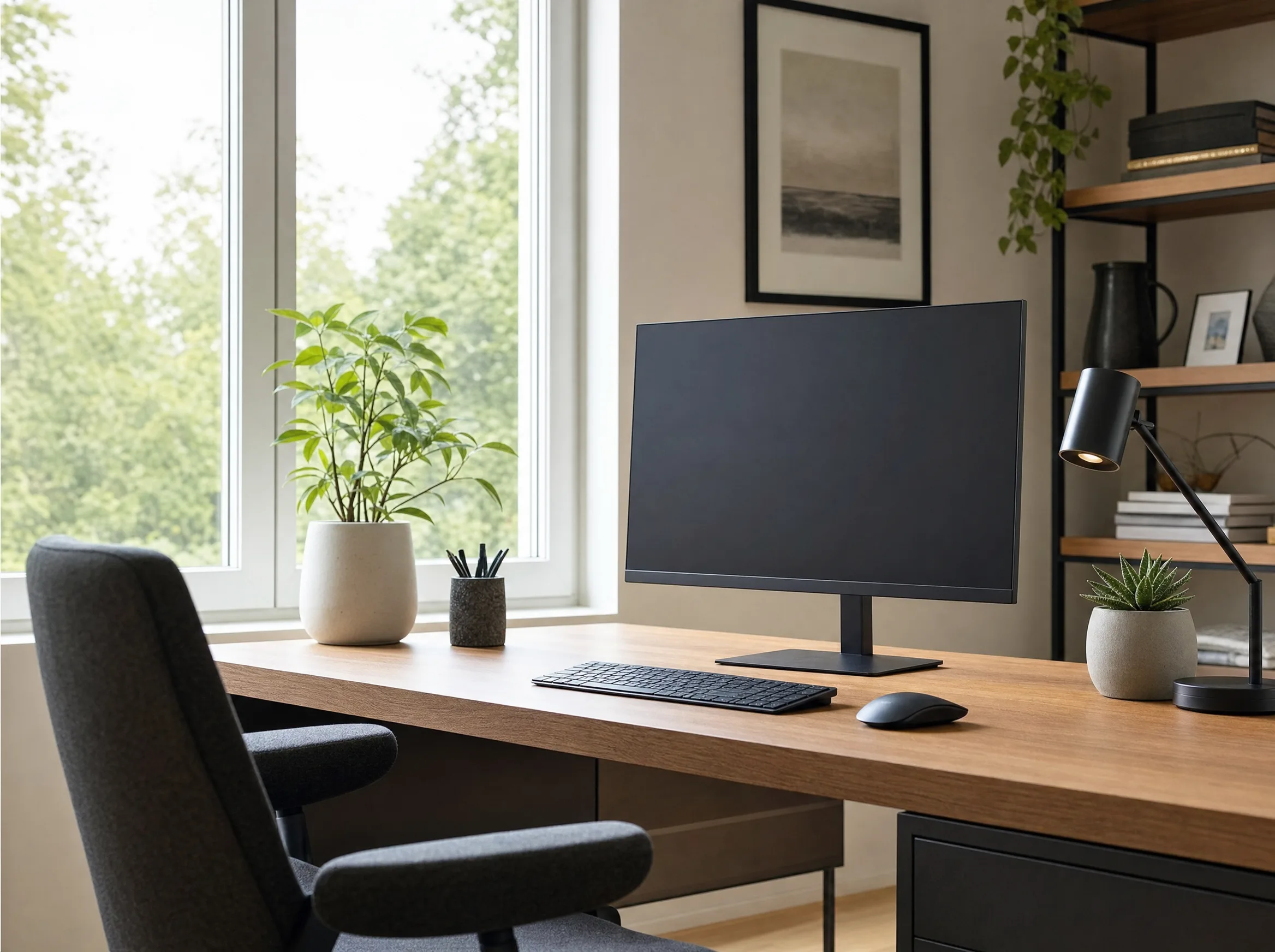 Erie PA office worker at computer desk near window with no lake-glare after window film installation
