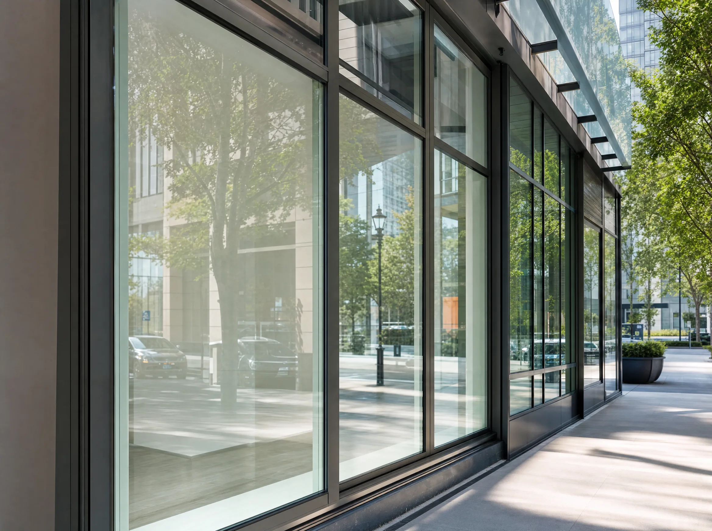Clean commercial storefront glass in Erie protected by anti-graffiti window film