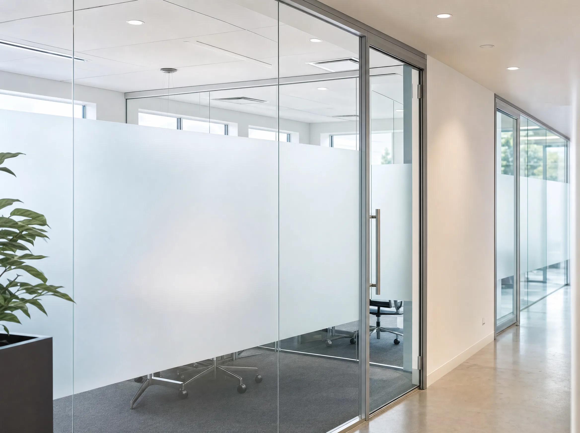 Frosted privacy window film on a conference room partition in an Erie PA office