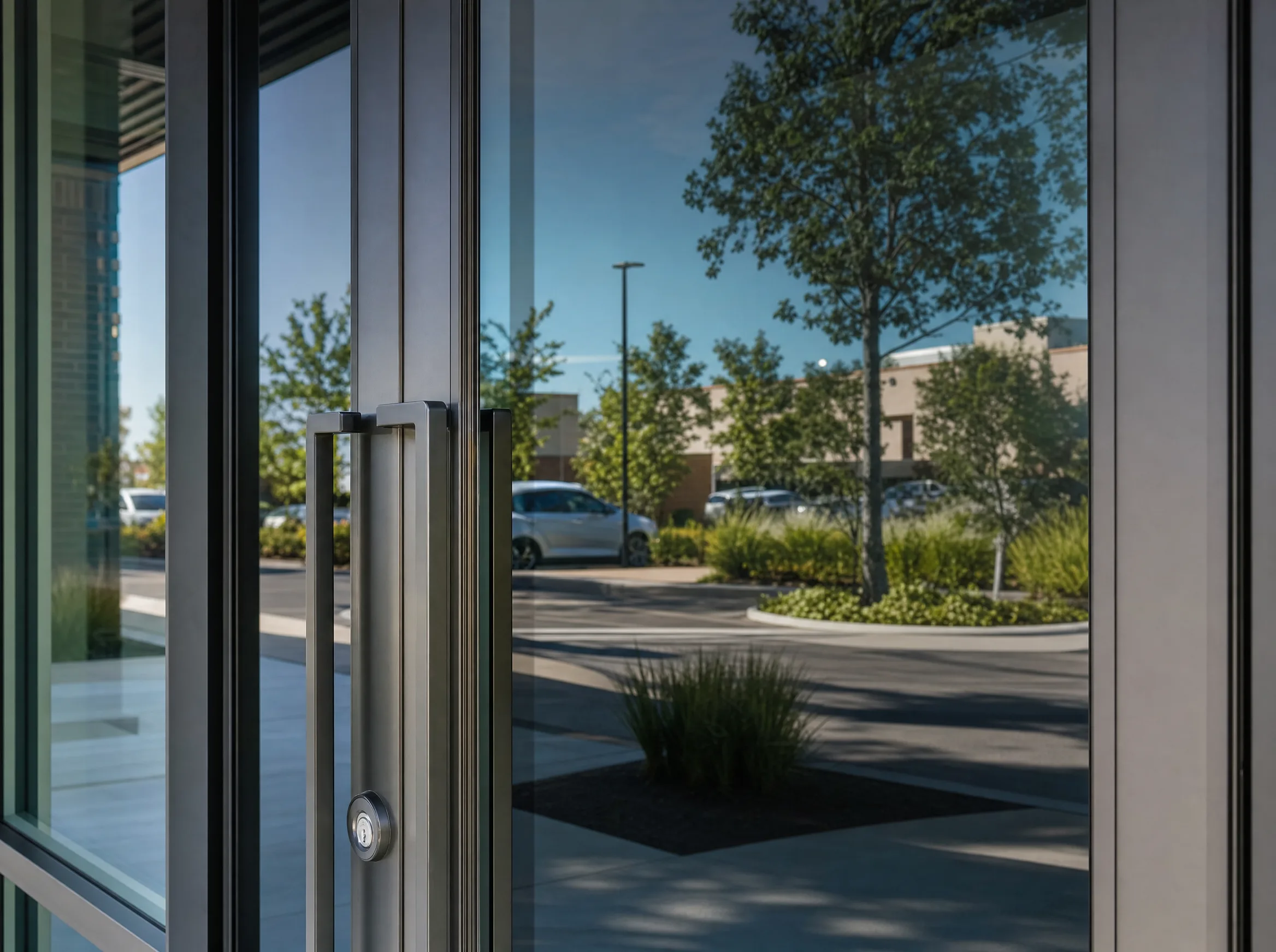 Secure commercial building entrance in Erie PA with safety and security window film on glass doors