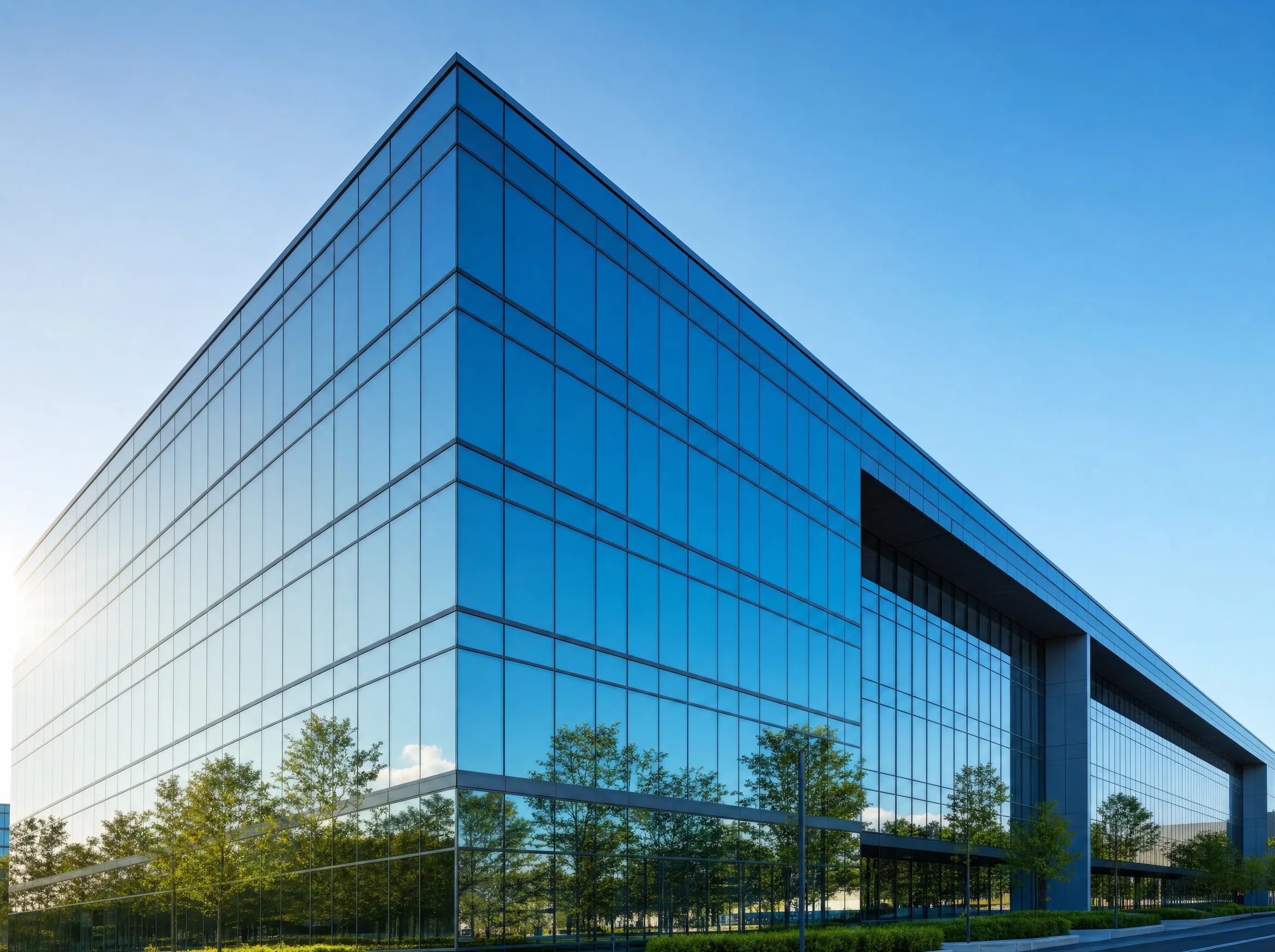 Solar control window film on a modern Erie commercial office building exterior