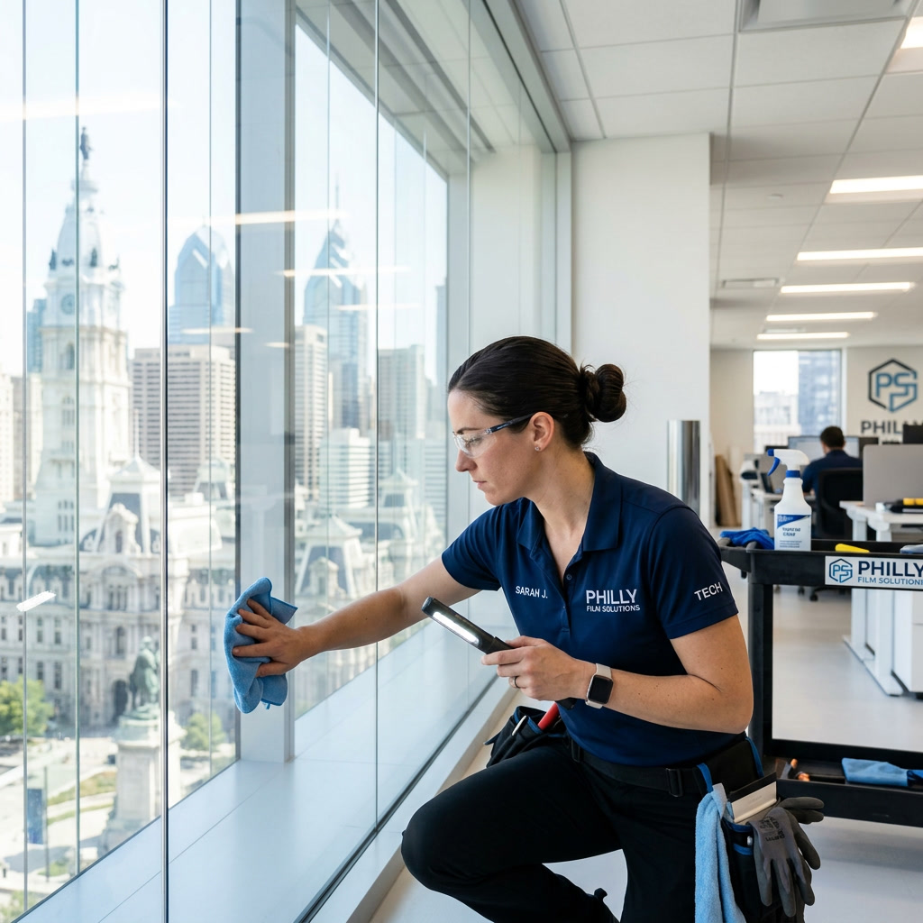 Installer inspecting freshly applied window film in a Philadelphia office