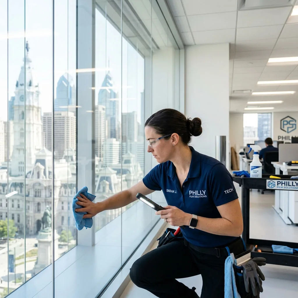Installer inspecting freshly applied window film in a Philadelphia office