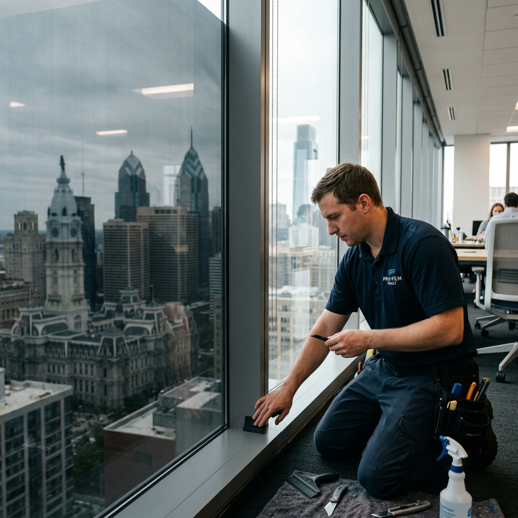 Installer inspecting completed window film installation on large office windows