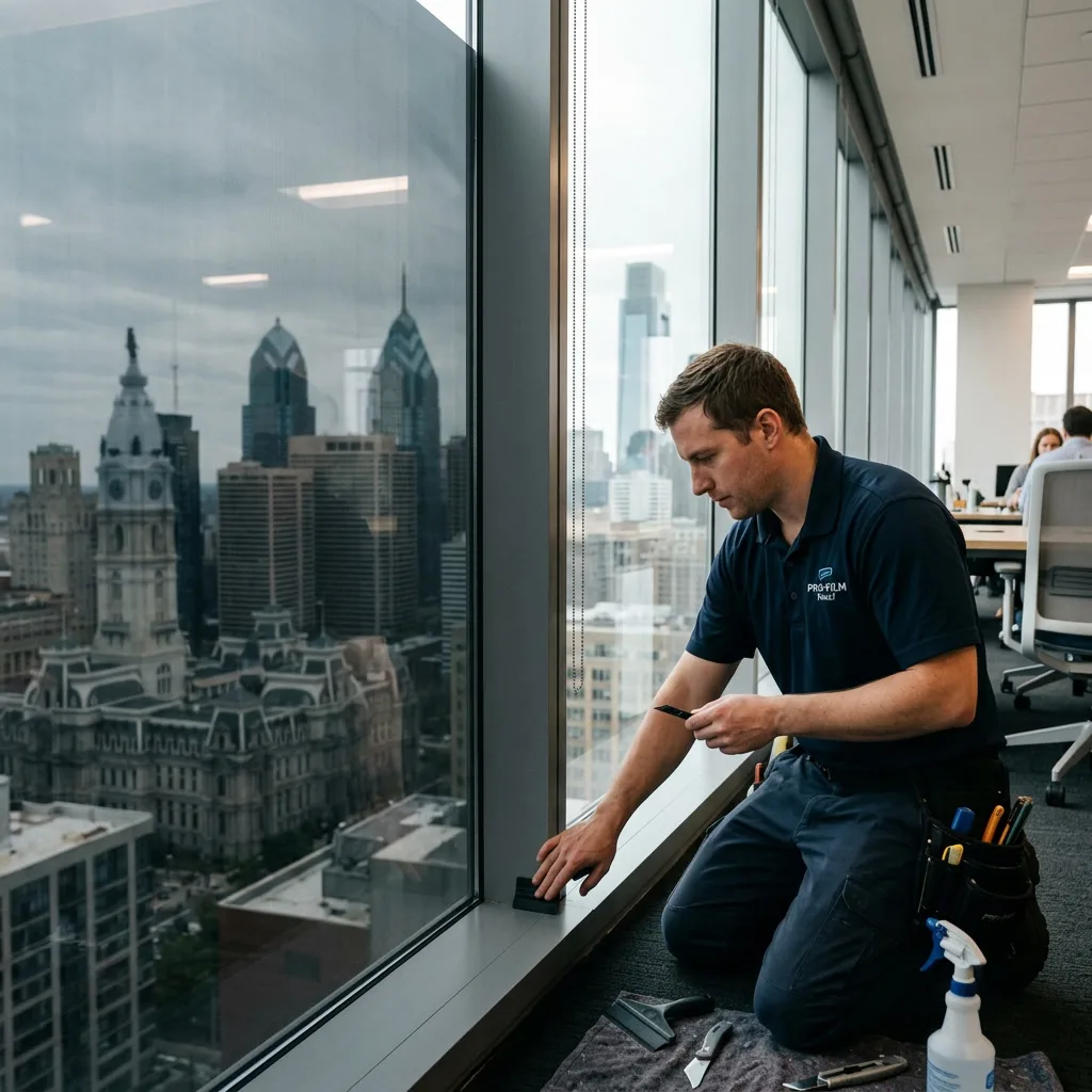 Installer inspecting completed window film installation on large office windows