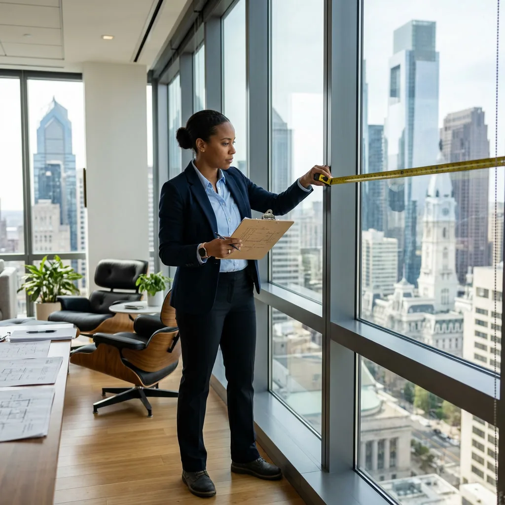 Window film consultant assessing windows in a Philadelphia office