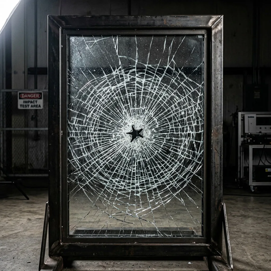 Safety glass after impact showing film holding shattered glass intact