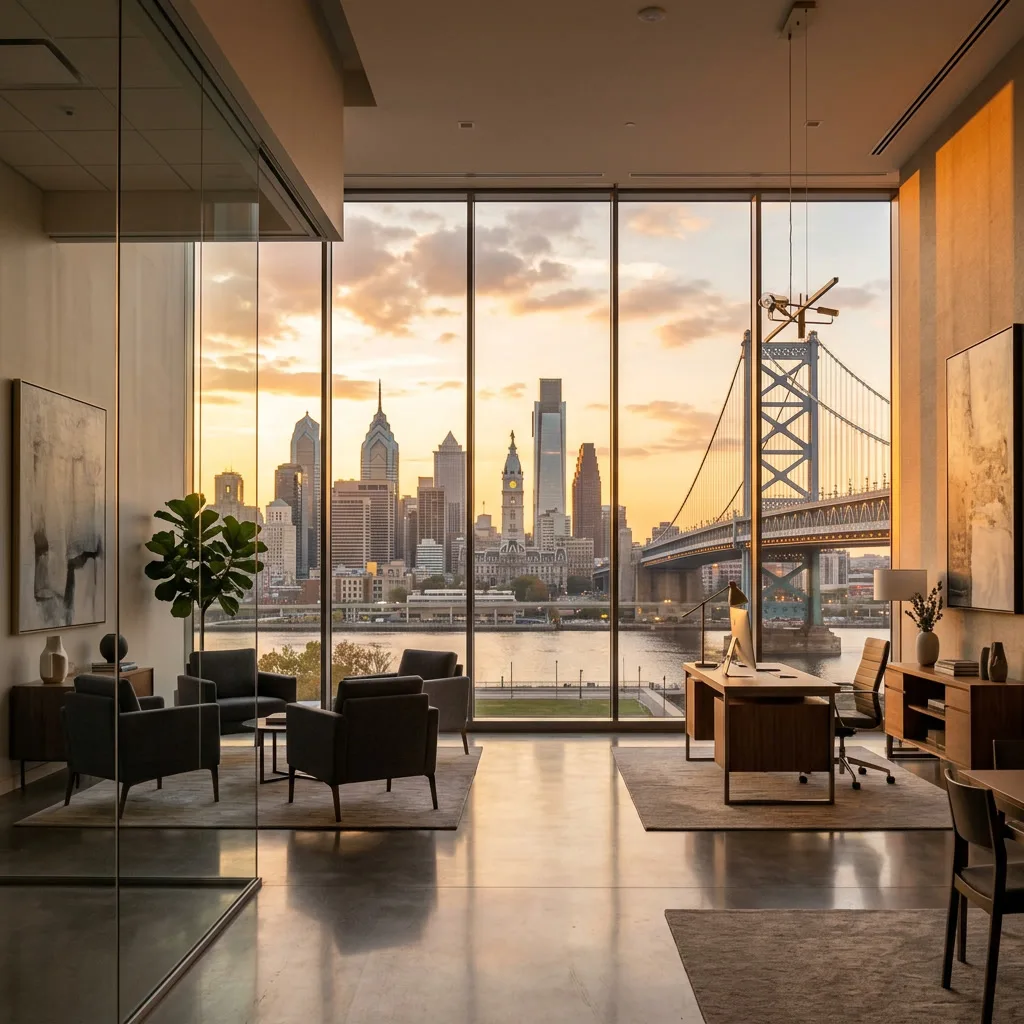Crystal-clear floor-to-ceiling window with Philadelphia skyline view