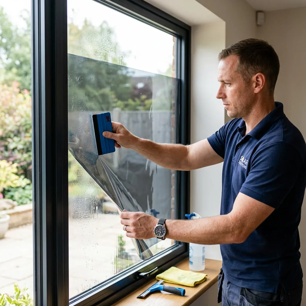 Professional installer applying window film with a squeegee