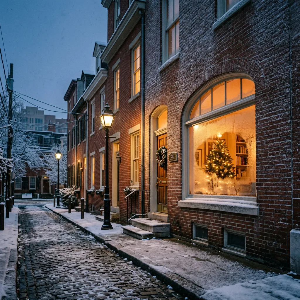 Philadelphia rowhouse window with frost on glass, warm light inside