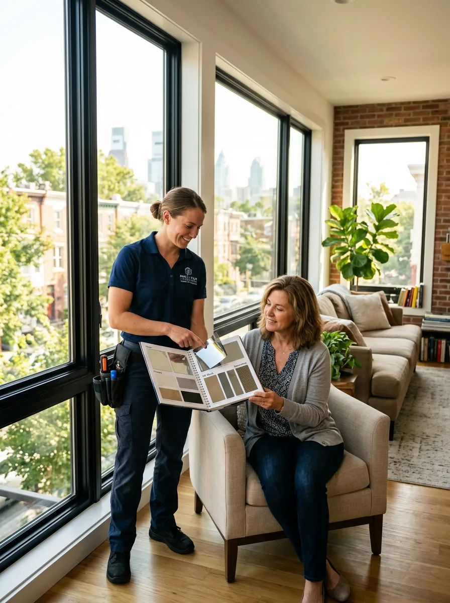 Window Film Philadelphia certified specialist reviewing film options with a homeowner in a Philadelphia rowhome