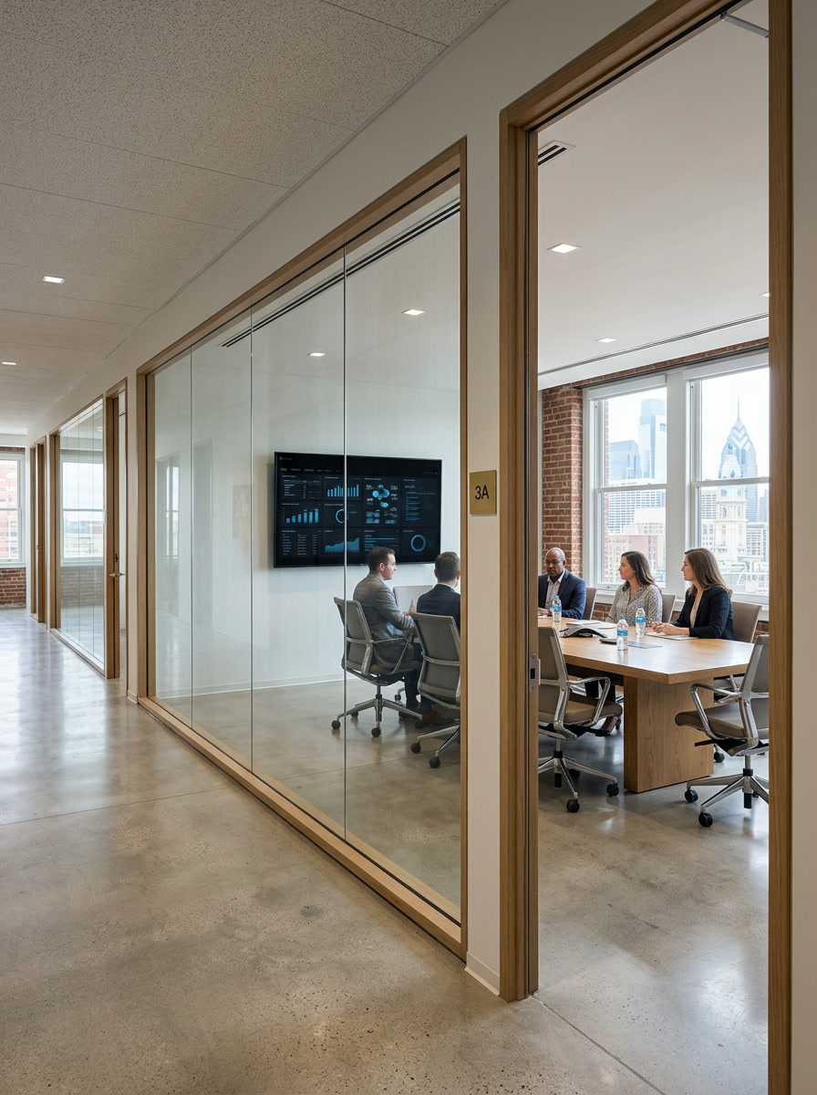 Casper cloaking film on conference room glass - LED screens invisible from outside