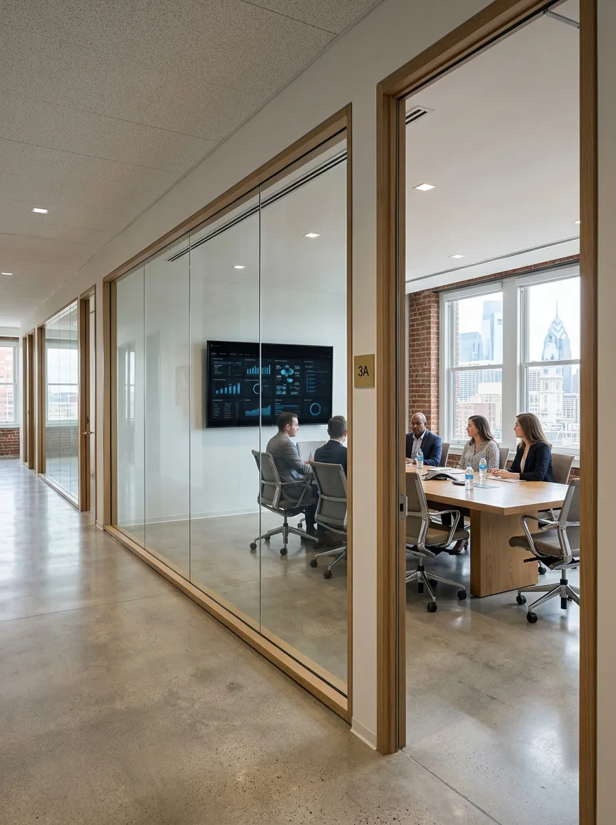Casper cloaking film on conference room glass - LED screens invisible from outside