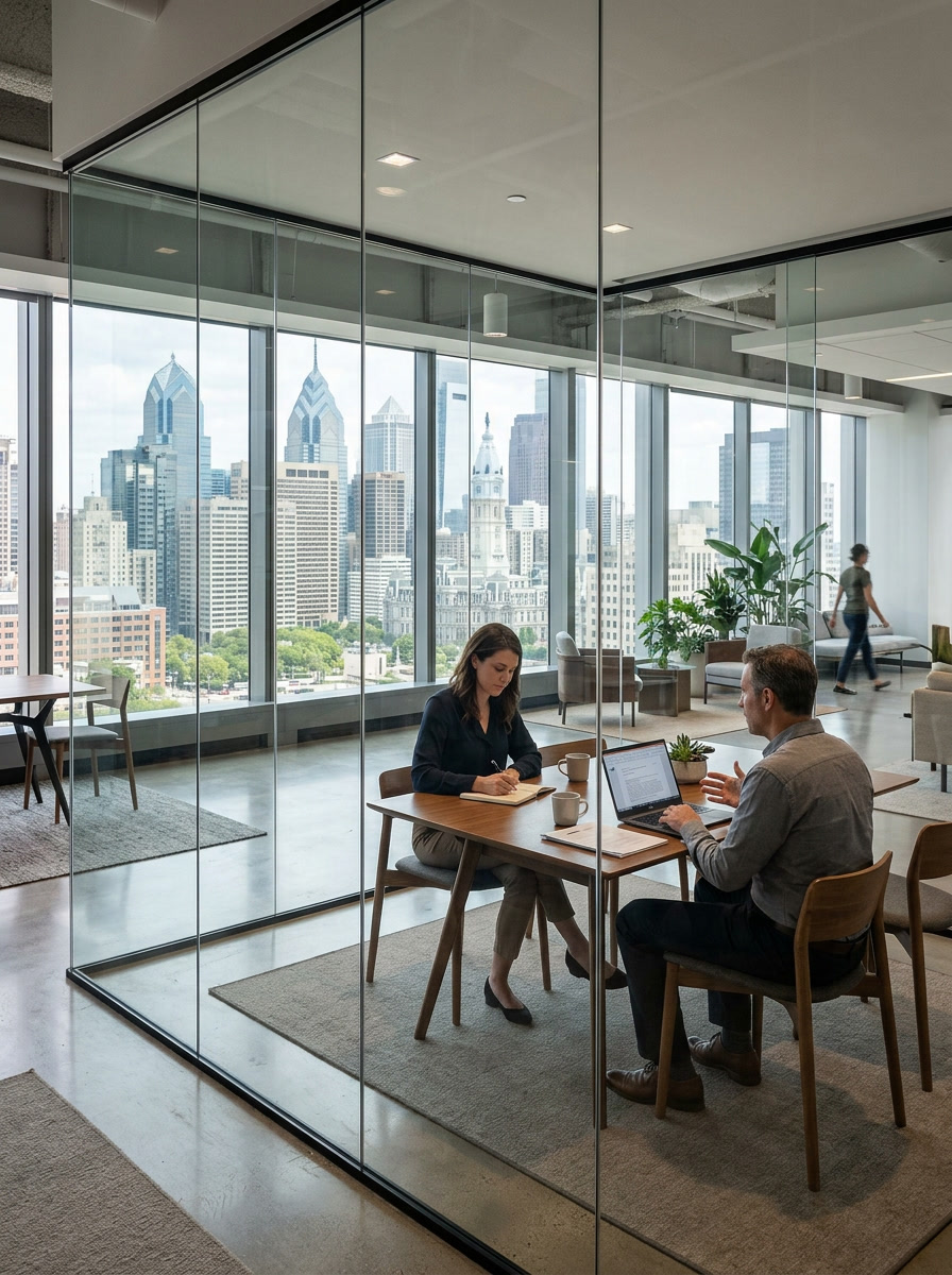 HDClear high-definition optically clear glass walls in a modern Philadelphia office