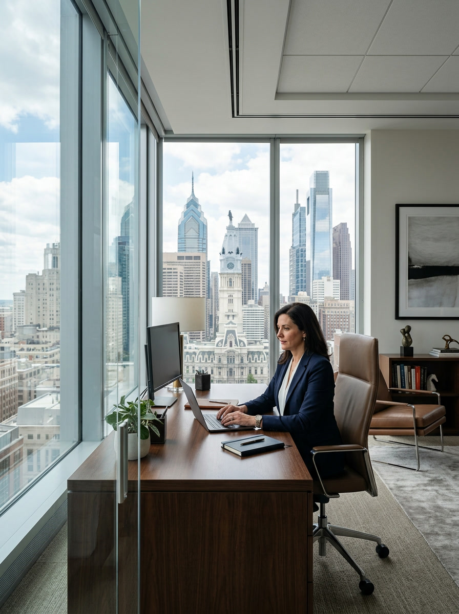 Executive office interior with Madico optically clear safety window film