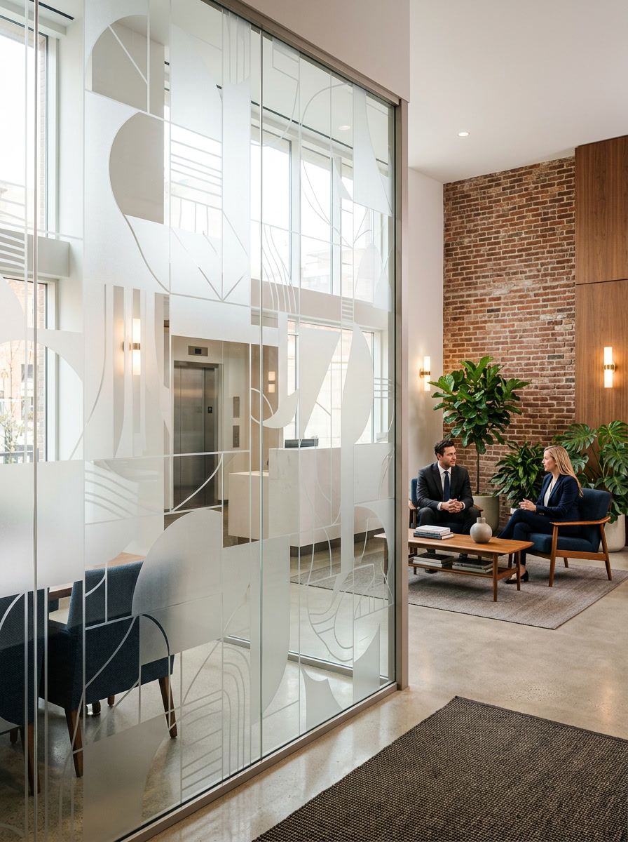 Elegant decorative frosted glass film in a Philadelphia PA professional office lobby