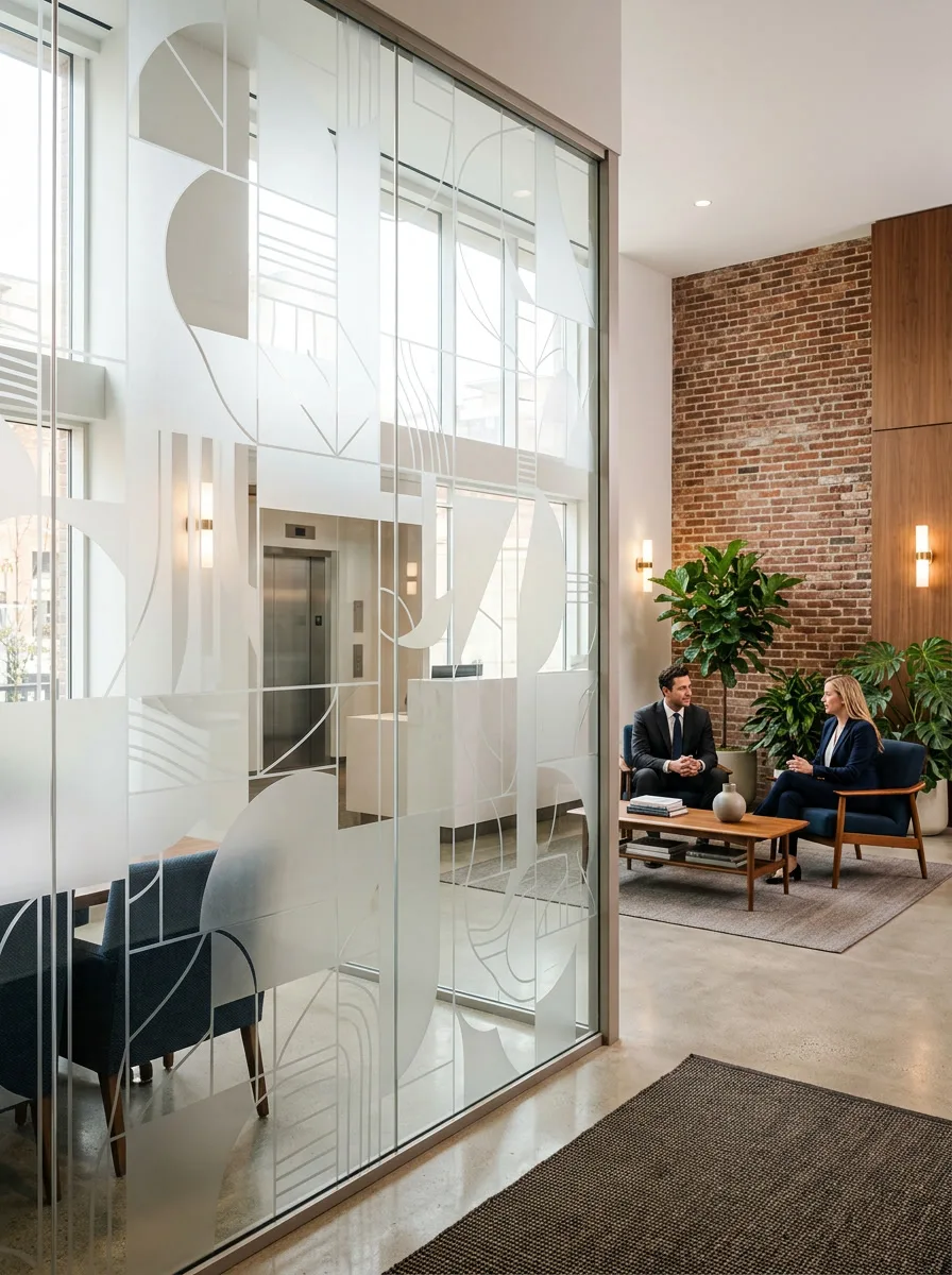 Elegant decorative frosted glass film in a Philadelphia PA professional office lobby