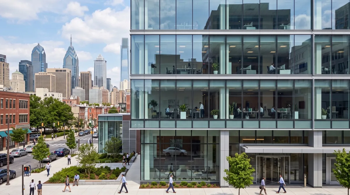 Modern commercial office in Philadelphia PA with floor-to-ceiling windows - window film for Philadelphia commercial properties