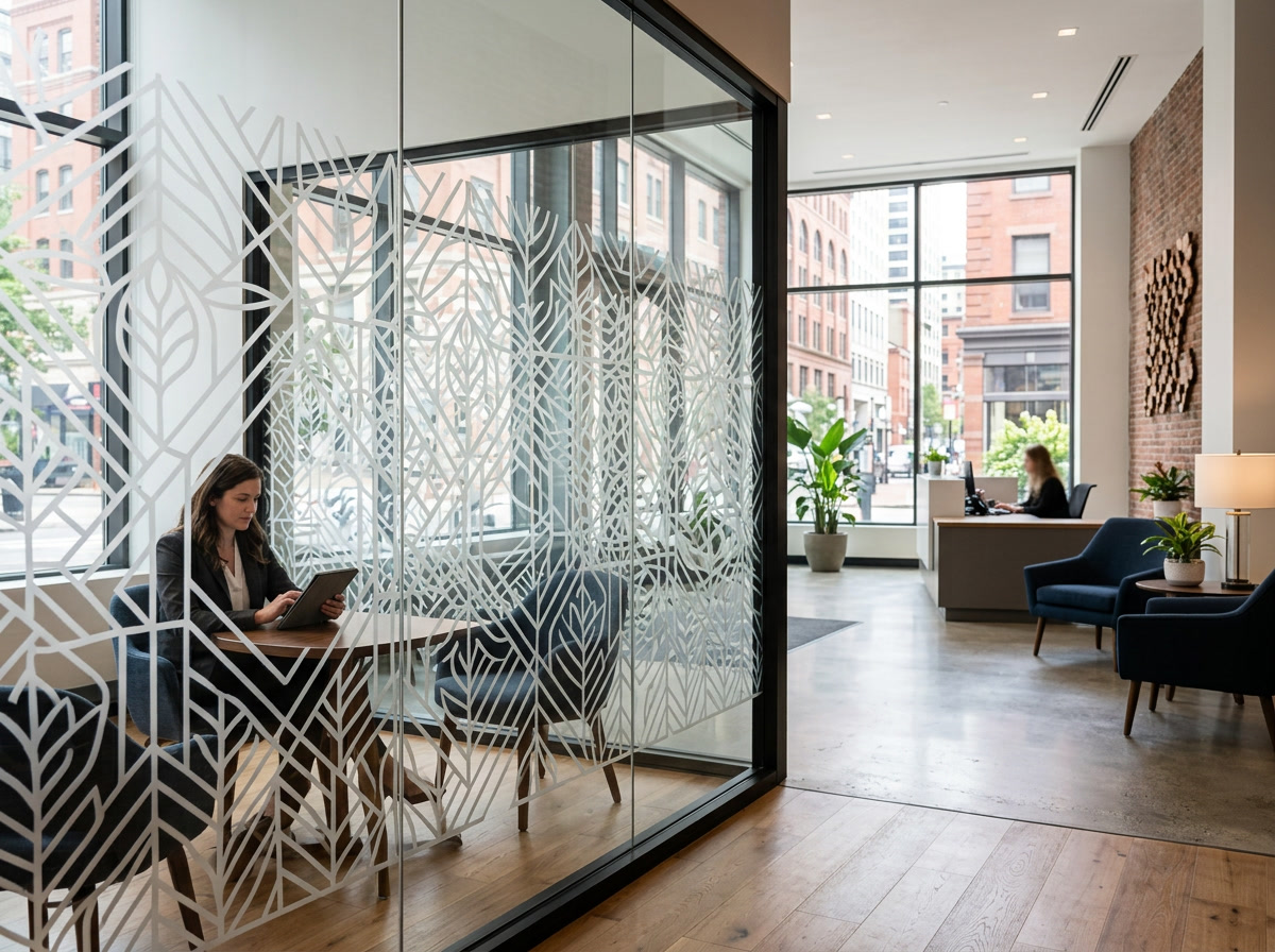 Decorative frosted glass pattern on a partition wall in a Philadelphia PA office or lobby