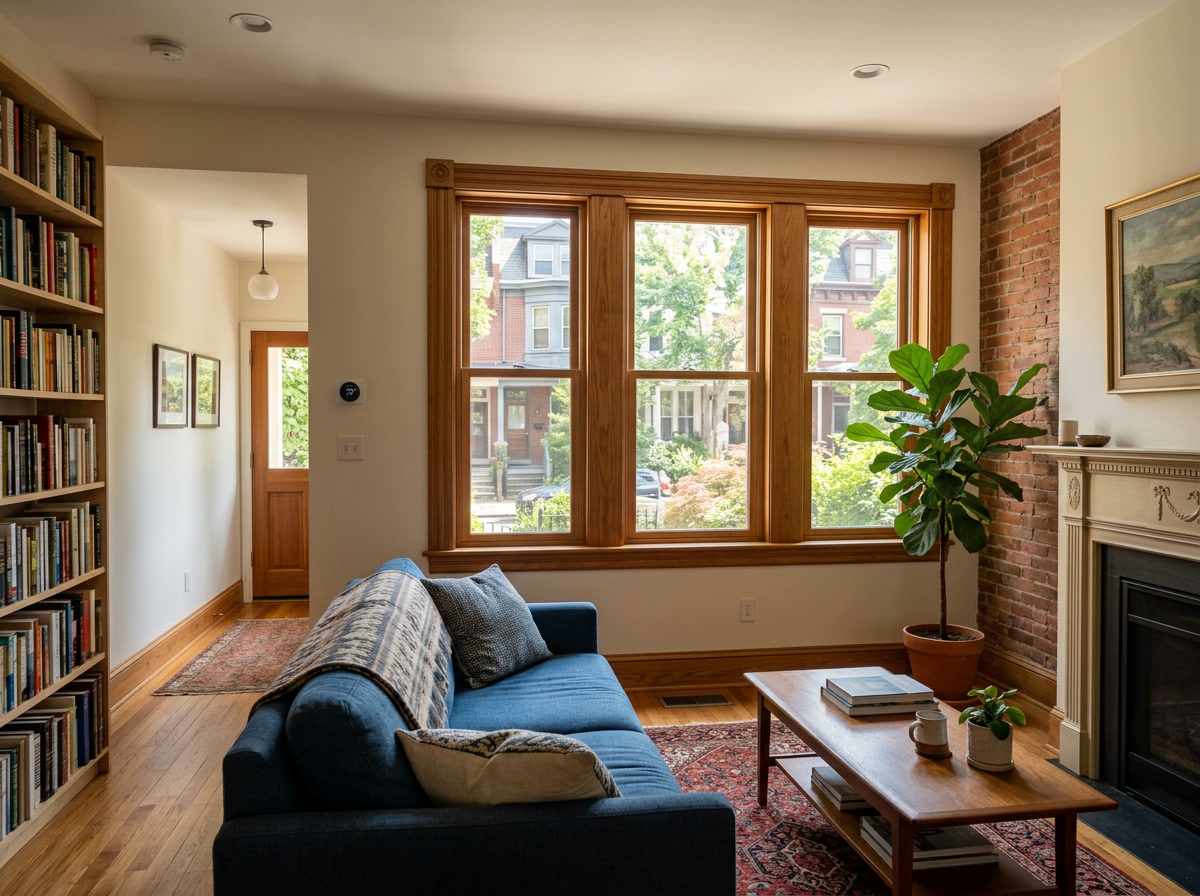 Energy-saving window film in a Philadelphia PA rowhouse living room — natural light filtered, cooler interior