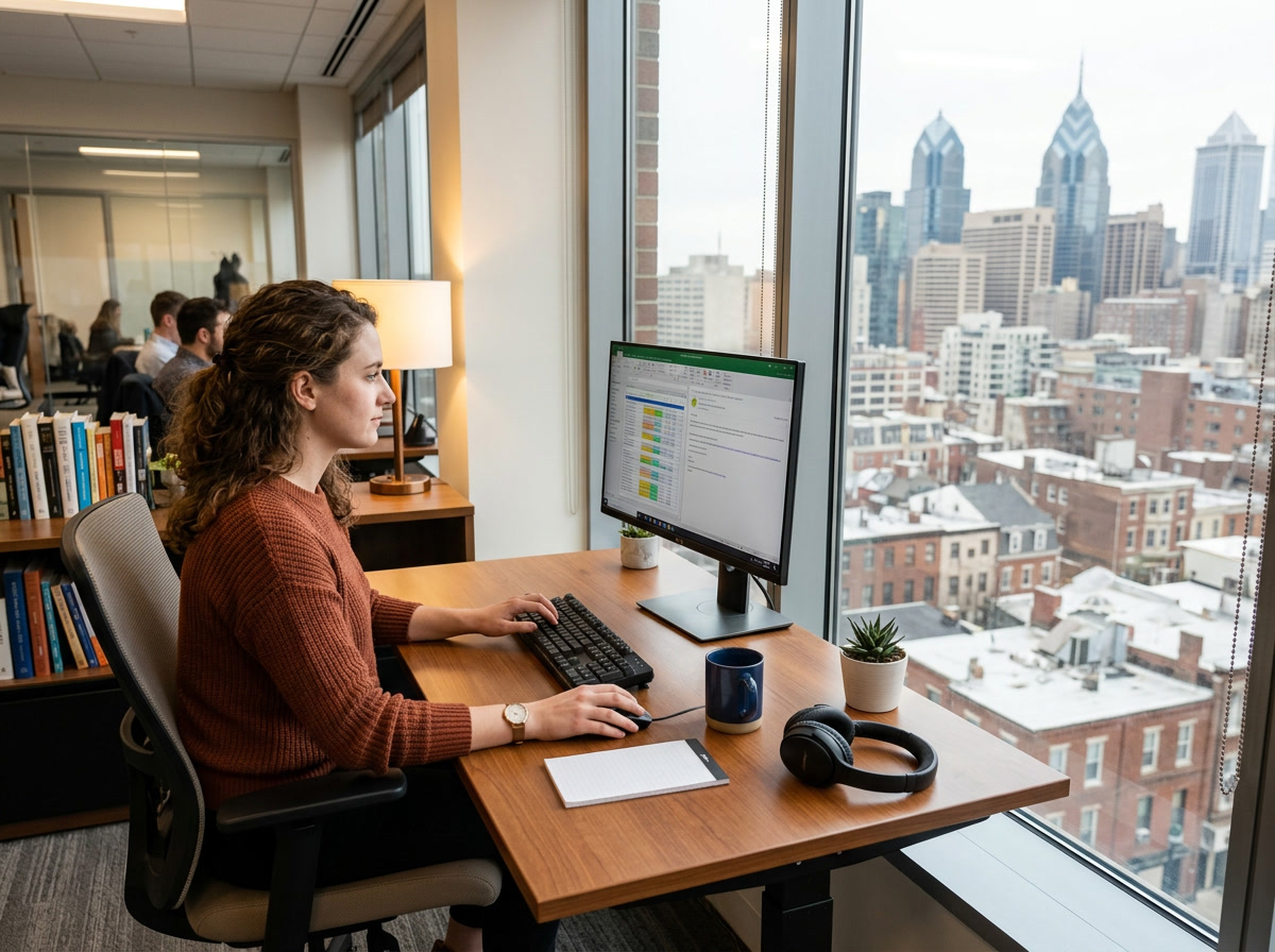 Philadelphia PA office worker at computer desk near window with no screen glare after window film installation